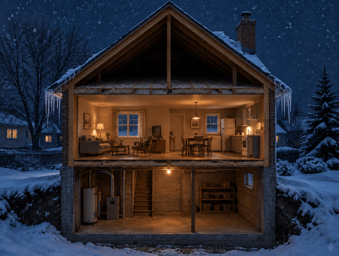Cross-section of a house on a winter night: the attic is only a third insulated, snow has melted in patches on the roof and icicles hang from the eaves