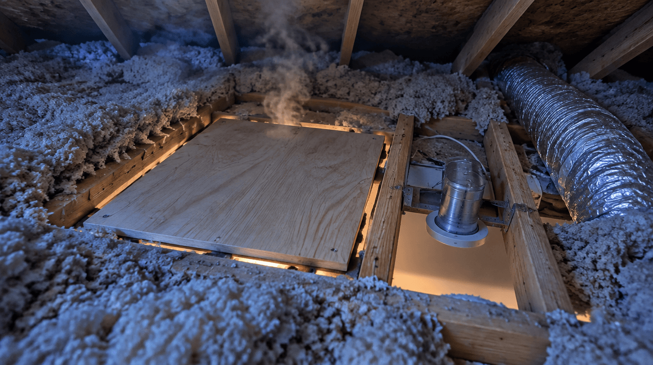 Unsealed attic hatch and recessed light in an attic floor