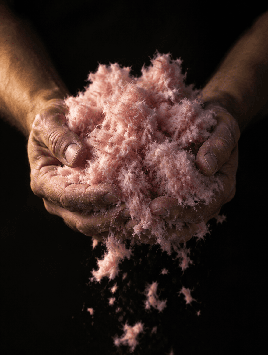 Two hands holding a handful of pink blown fiberglass, fibres falling between the fingers