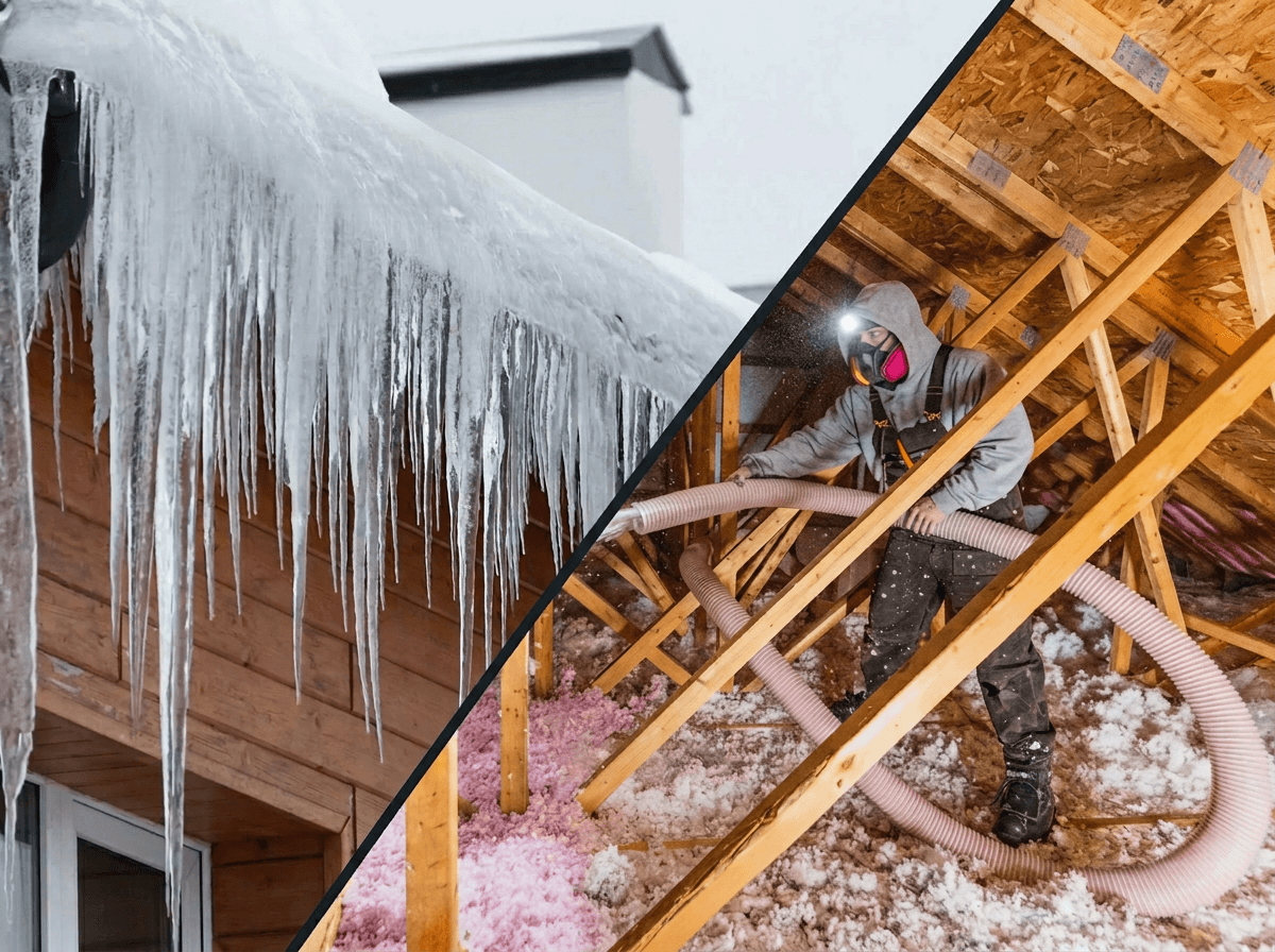 Ice dam and icicles at a roof edge