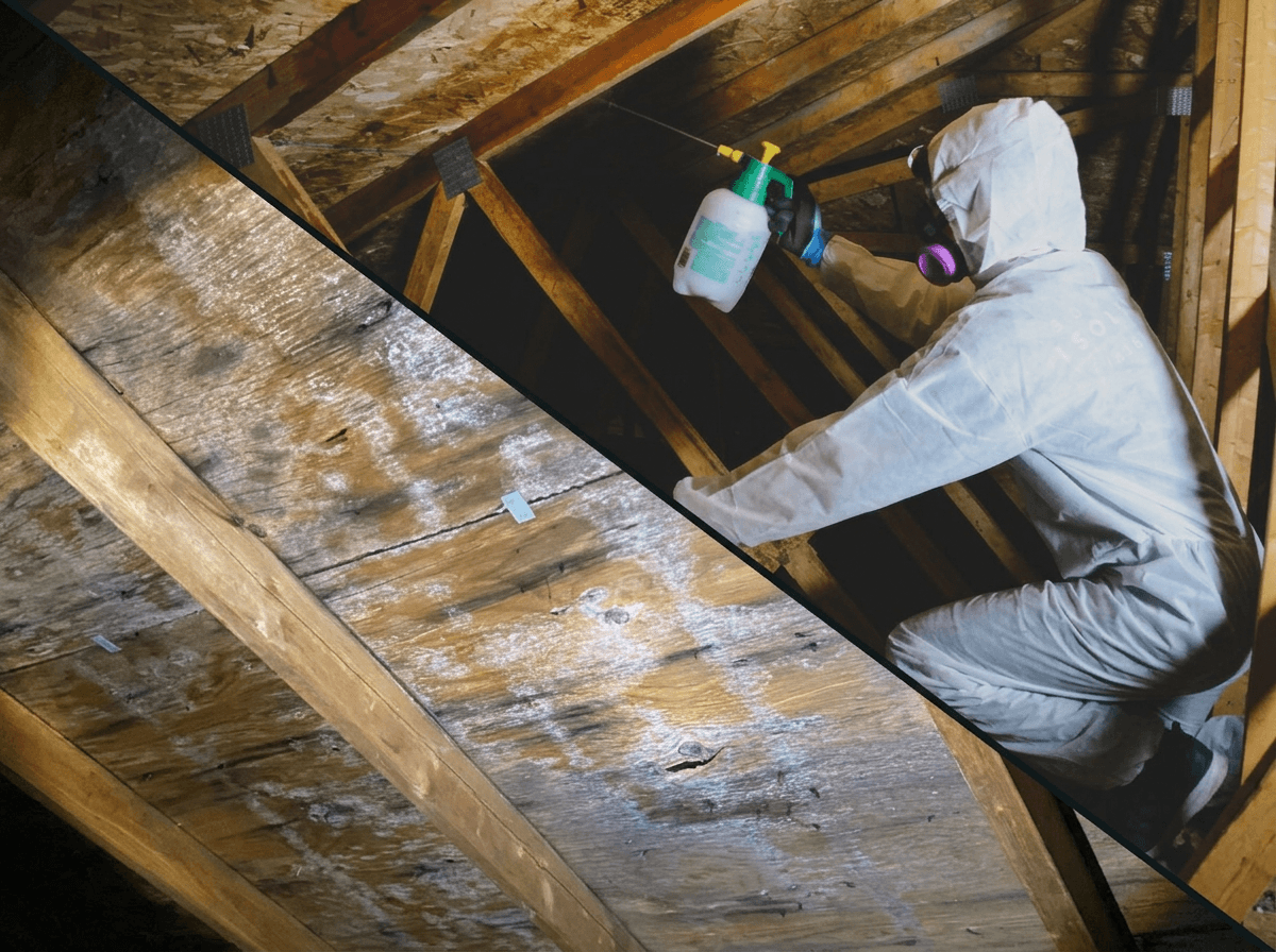 Technician in a protective suit treating mould in an attic