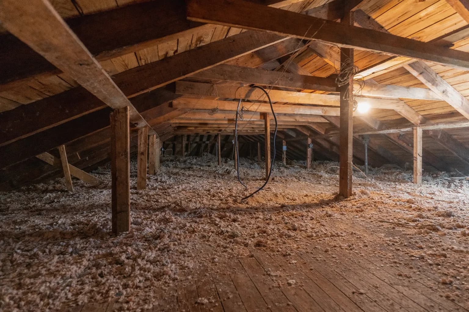 Packed-down insulation with the joists showing